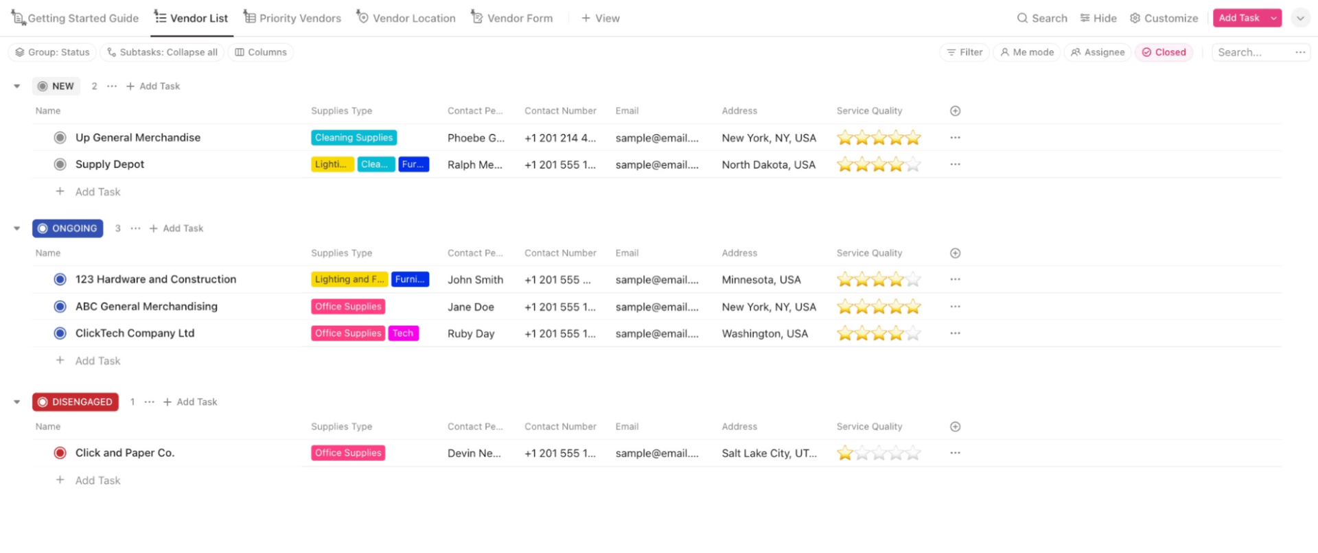 Clickup Vendor Master List Template