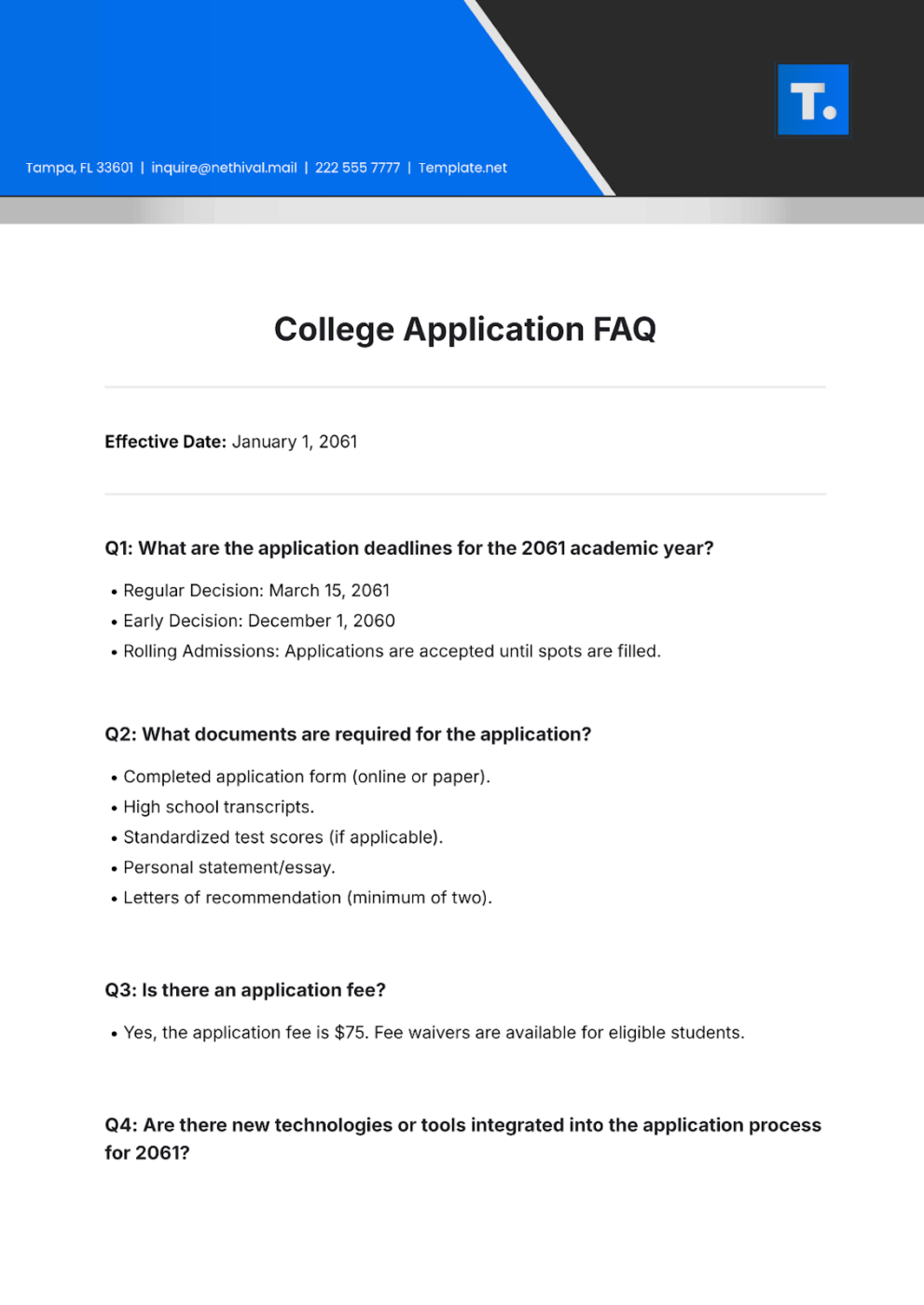 Perguntas frequentes sobre inscrição em faculdades da Template.net: ajude os alunos a navegar pelo processo de admissão com respostas estruturadas: modelos de perguntas frequentes prontos para usar