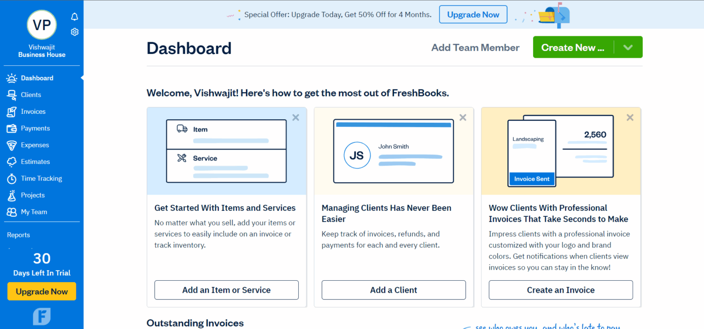 FreshBooks dashboard : Holded Alternatives