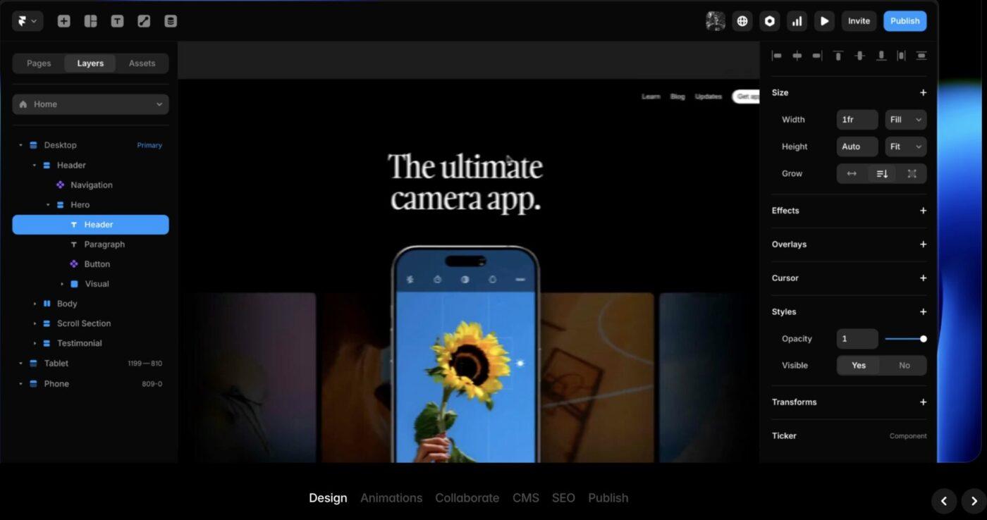 Framer (Best for rapid prototyping and site creation)