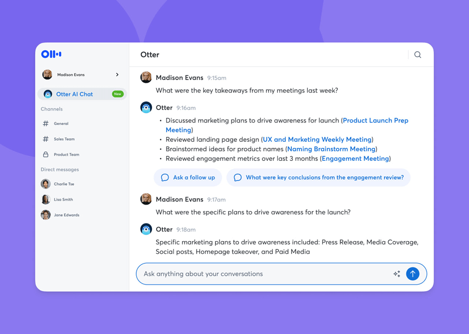 Otter.ai (Best for meetings and team collaboration)