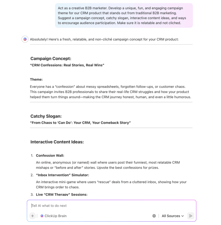 ClickUp Brain helps you ideate and create B2B content