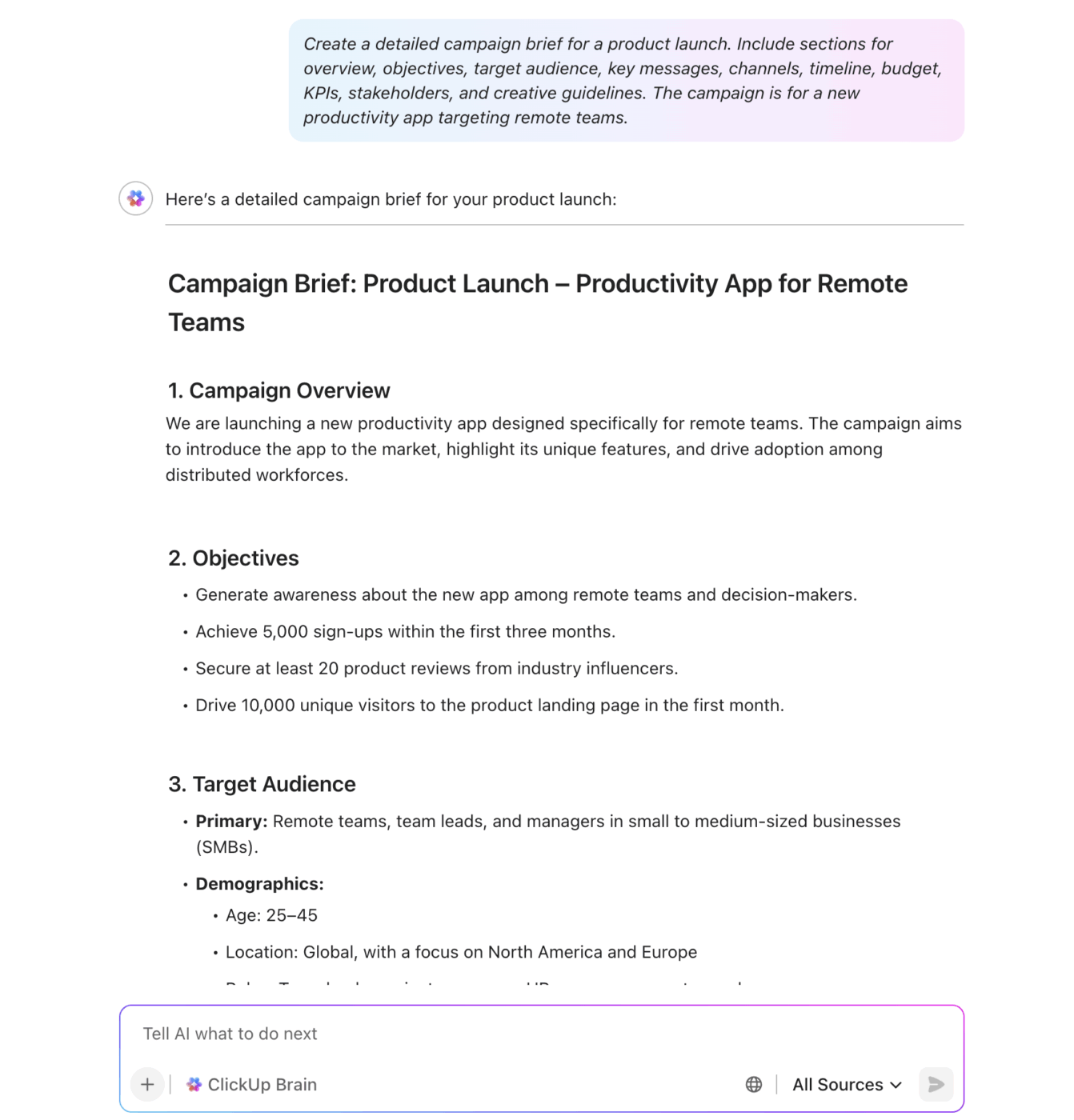 Create campaign briefs in seconds with ClickUp Brain