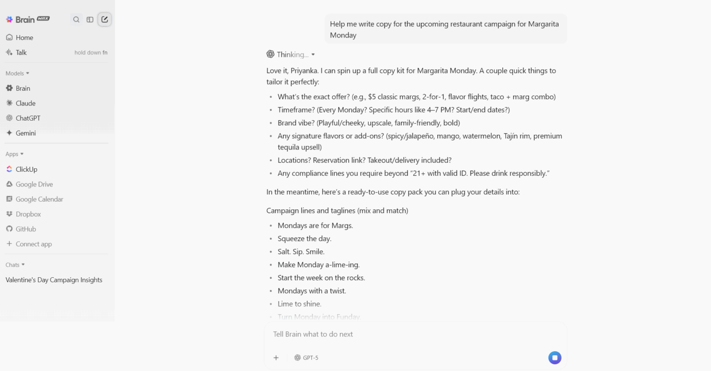 ChatGPT in ClickUp Brain MAX: Make attracting customers easy with marketing strategies for restaurants