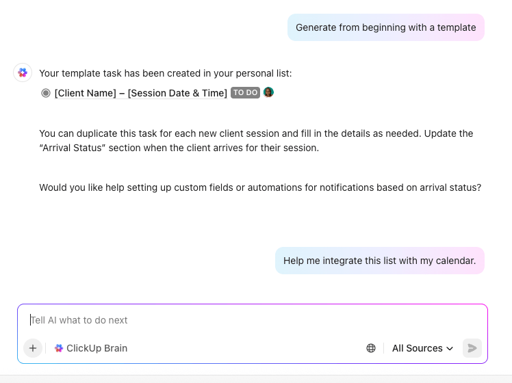 ClickUp Brain_client arrival notification system