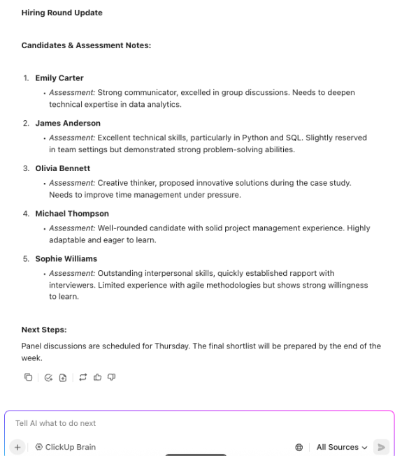 Ask ClickUp's AI to provide quick updates on your recruitment process