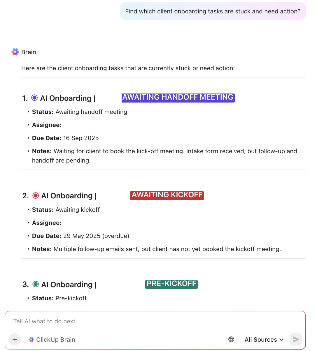 Flag stuck onboarding tasks and prioritize them for action using ClickUp Brain