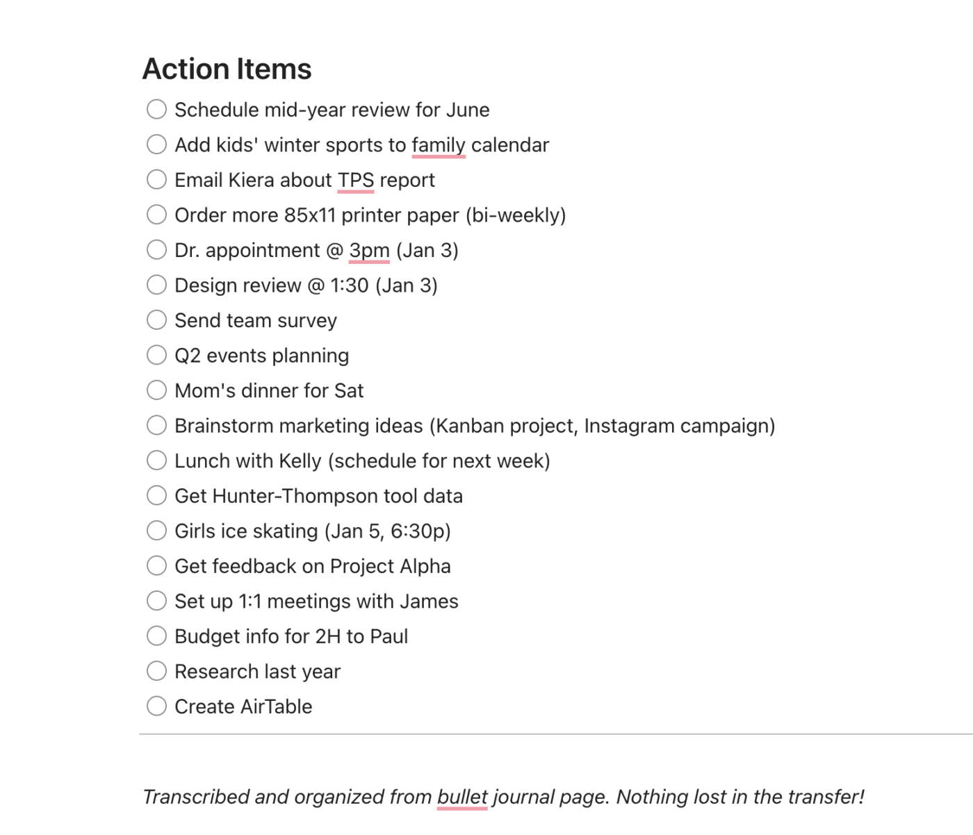 BUJO digital version (action items) from notes