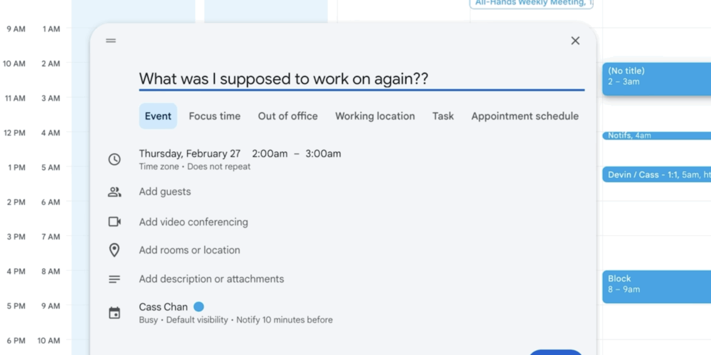 Skenario yang familiar: acara kalender yang sendirian tanpa konteks. Anda melihat pertemuan, tetapi tidak melihat pekerjaan di baliknya.