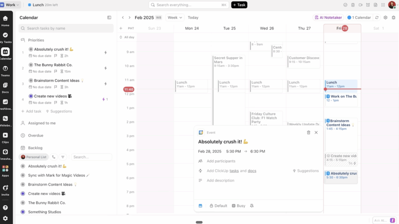 In ClickUp Calendar, every event stays tied to tasks, Docs, and priorities. Your schedule is a live reflection of your work, not a guessing game