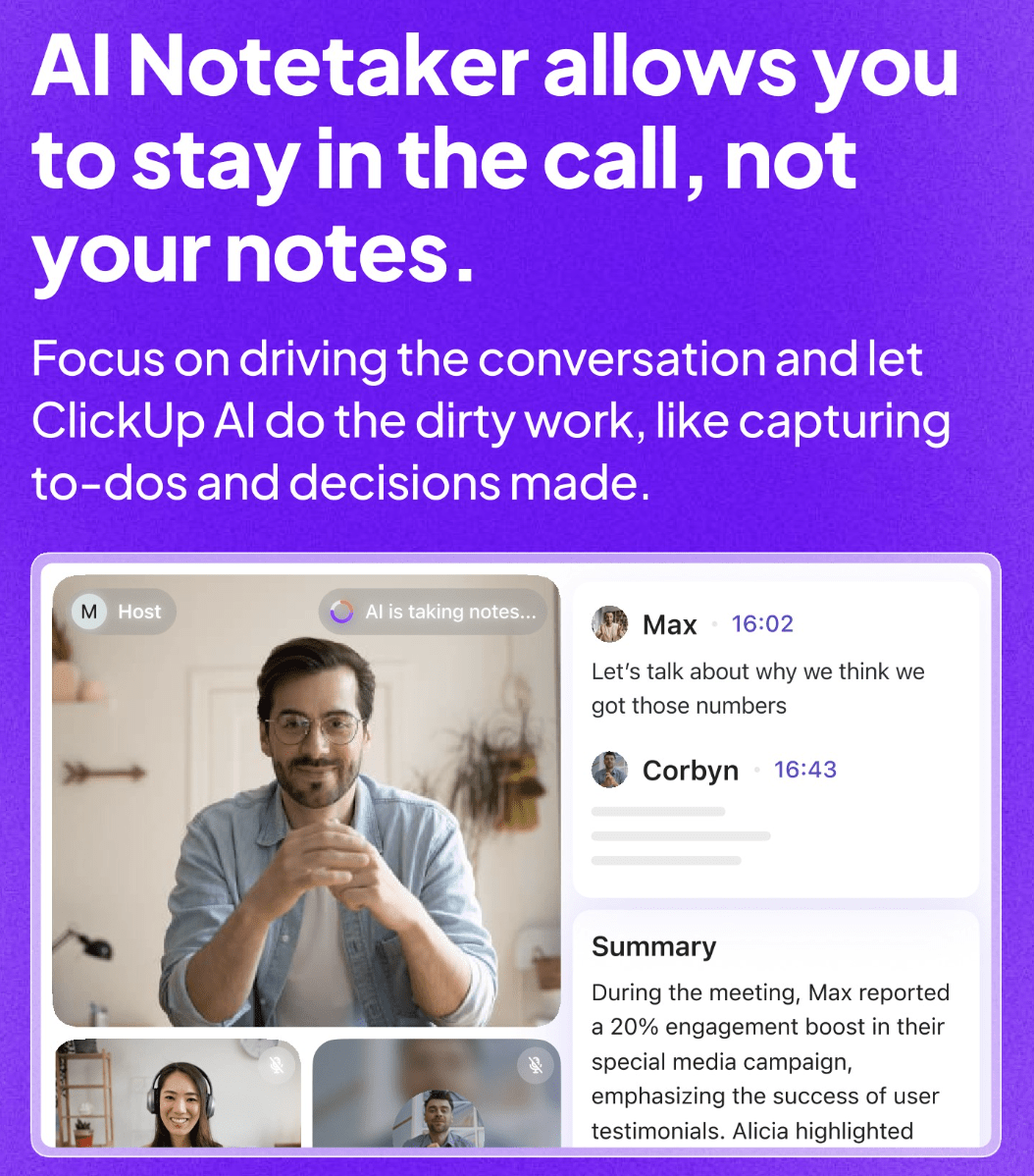 Tetap fokus pada percakapan sementara AI Notetaker menangani catatan, transkrip, dan tindak lanjut.