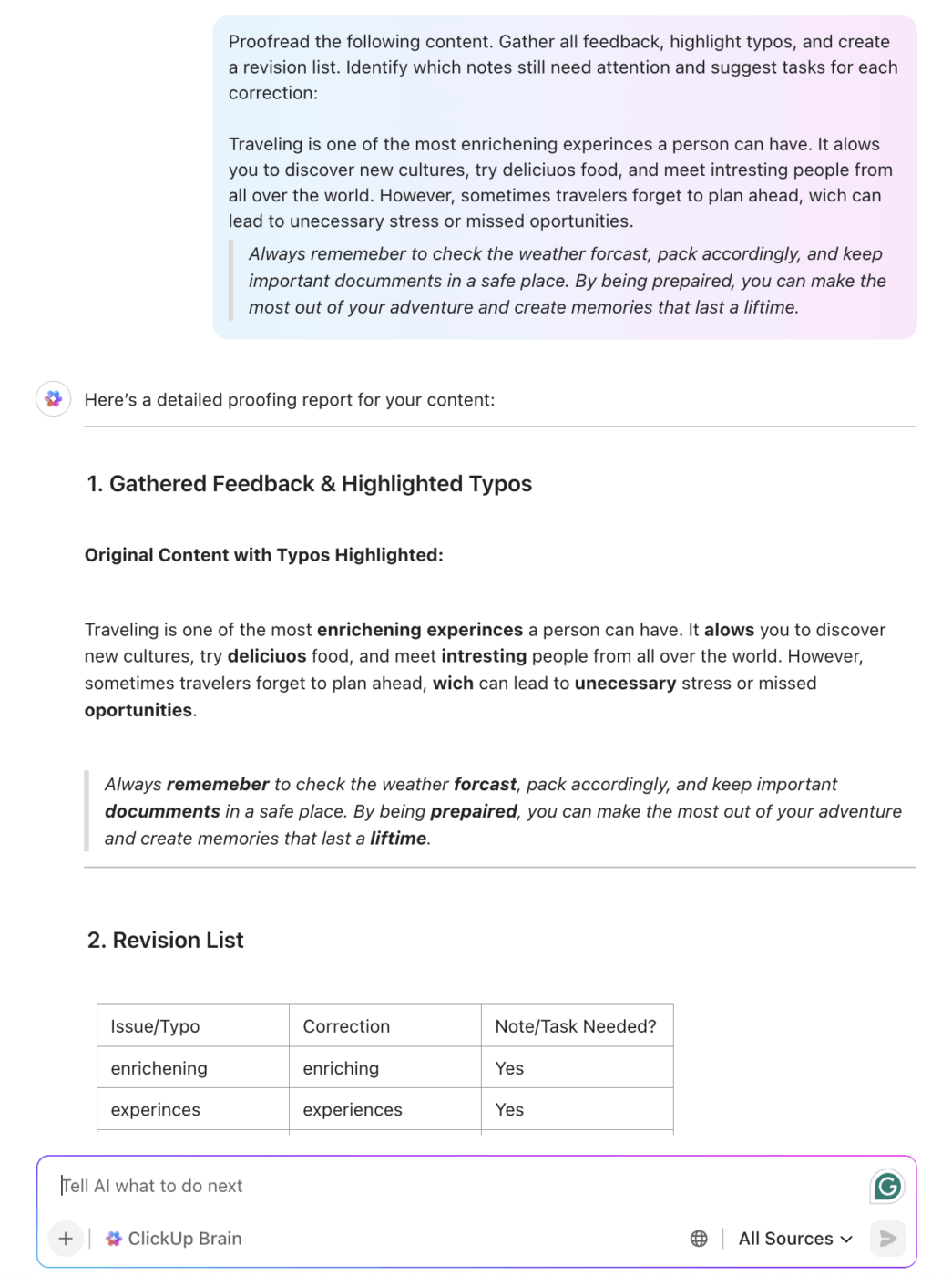 See how ClickUp Brain instantly catches typos, gathers feedback, and creates actionable revision tasks—all in one place!