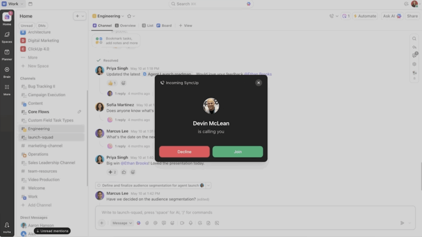 entra in SyncUp in ClickUp: collabora istantaneamente con il tuo team proprio dove svolgi il tuo lavoro!
