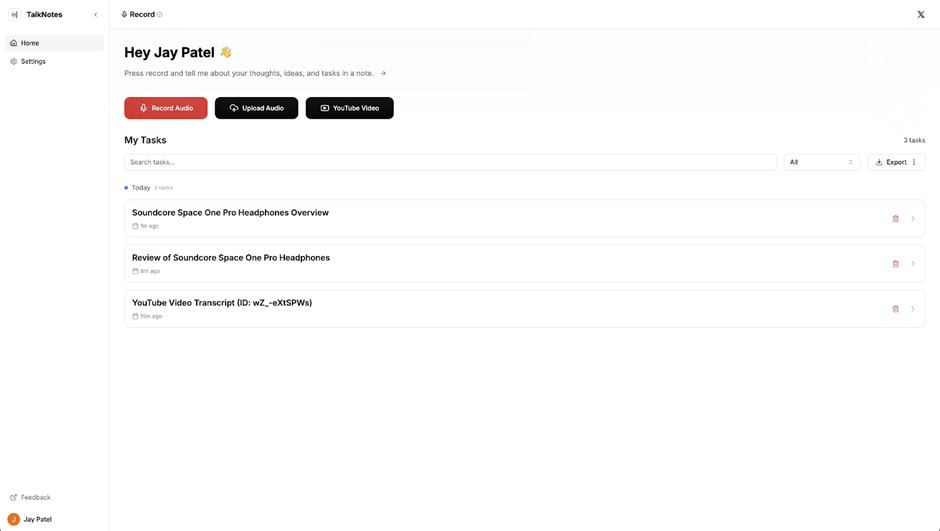 TalkNotes [Now Speechy.Tech] (Best for turning spoken thoughts into tasks)