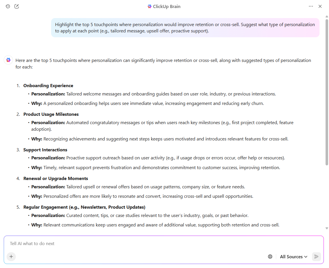 Use ClickUp Brain to add personalization to your customer journey mapping: miro customer journey templates