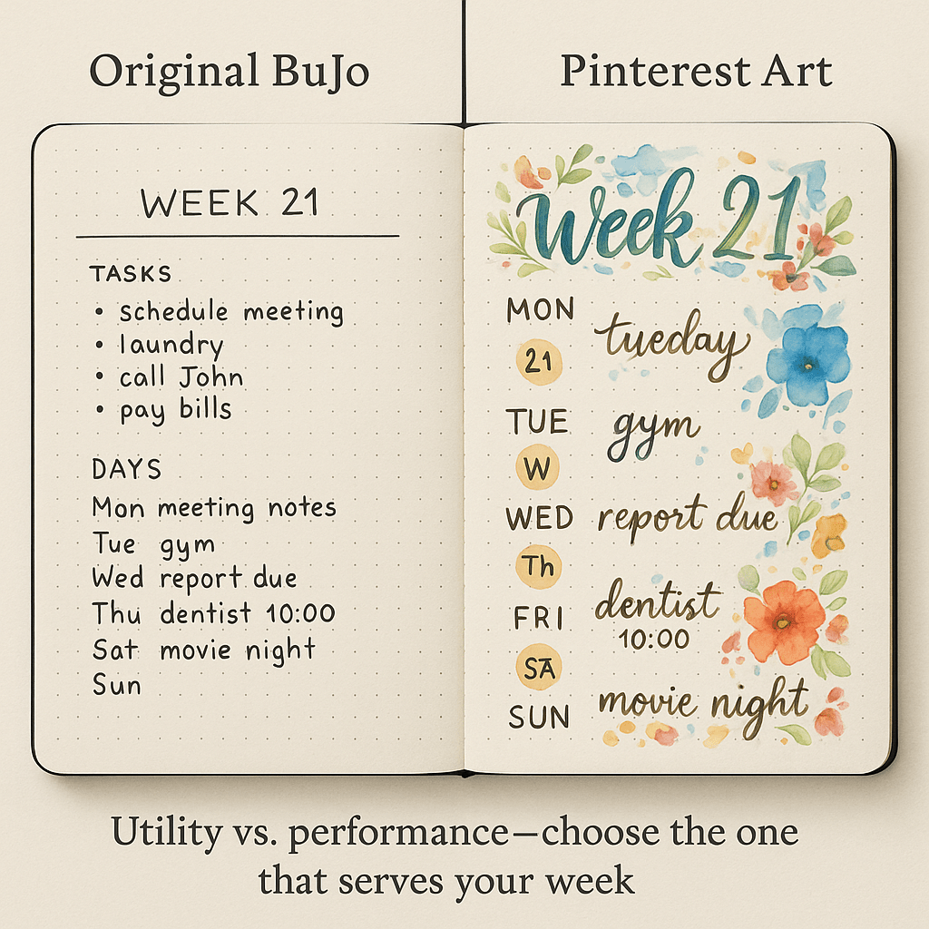 comparison of Pinterest-inspired decorative bullet journal spread versus a minimalist original bullet journal layout, generated by ClickUp Brain