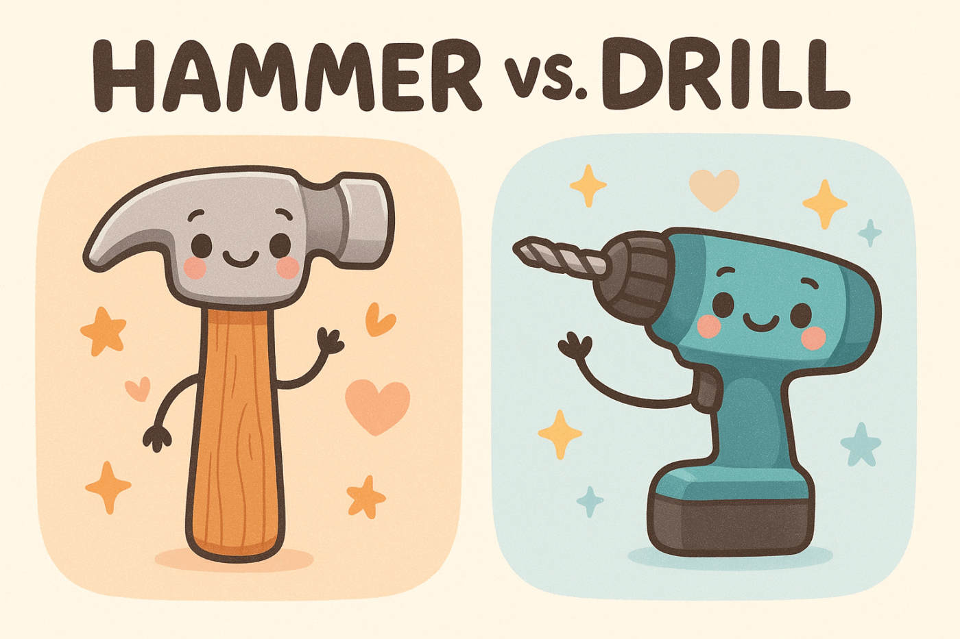 Illustration comparing a hammer and a power drill as metaphors for analog and digital productivity tools.