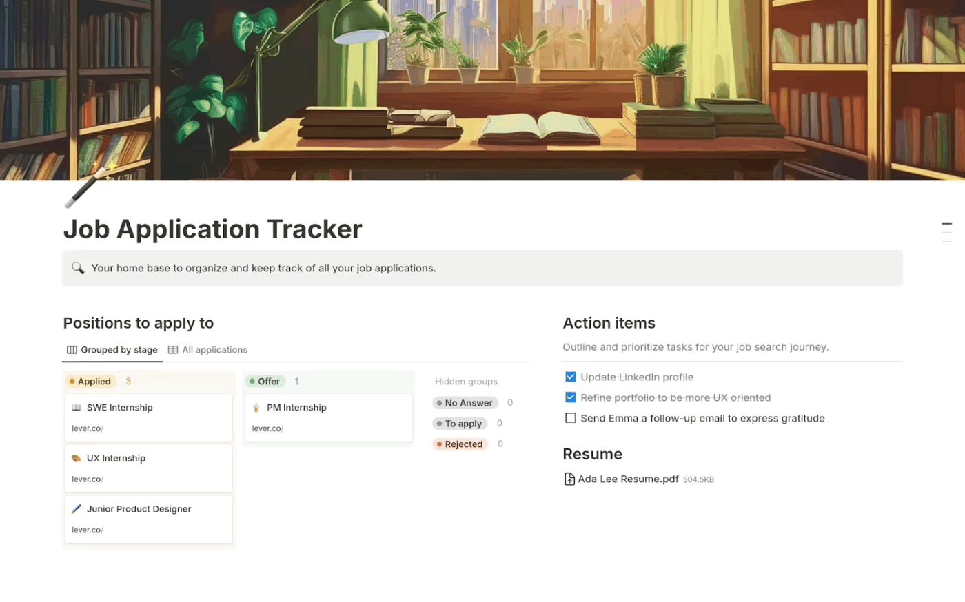 Modelo de acompanhamento de candidaturas a empregos para estudantes do Notion: modelo de acompanhamento de candidaturas a empregos do Notion