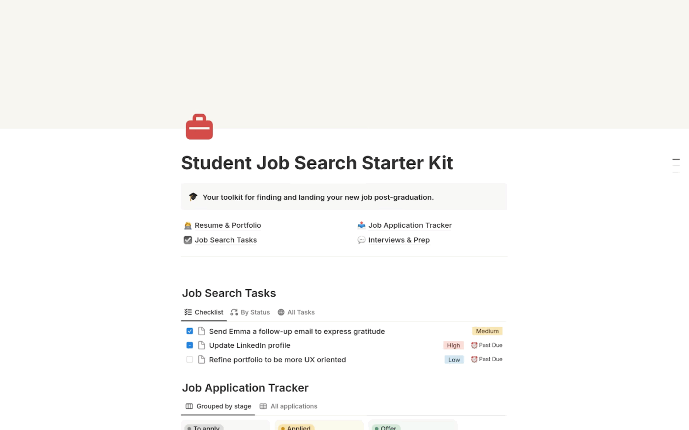 Modelo do kit inicial para busca de emprego para estudantes do Notion: modelo de acompanhamento de candidaturas de emprego do Notion