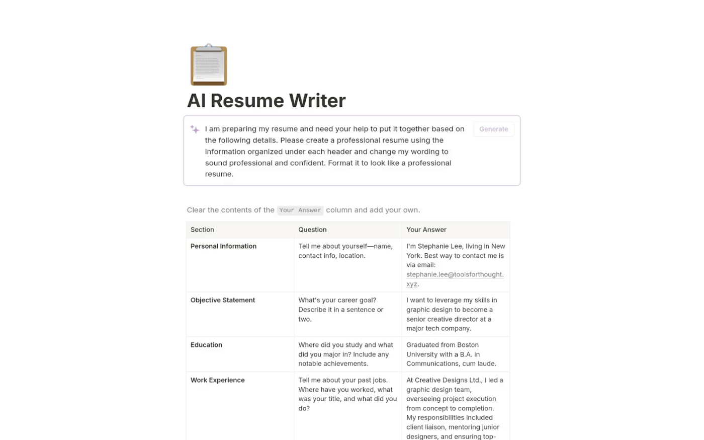 Modelo de redator de currículos Notion AI: modelo de acompanhamento de candidaturas a empregos Notion