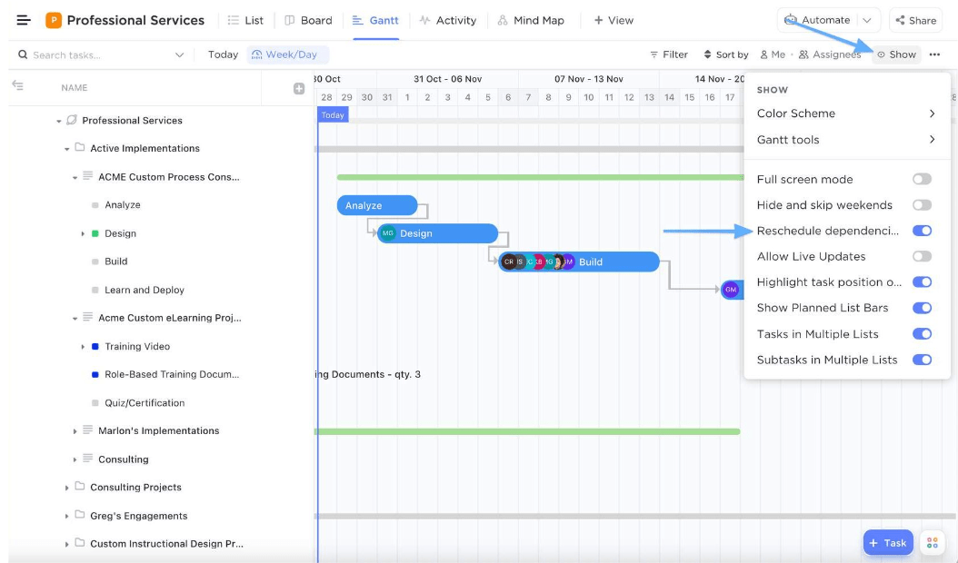 See dependency chains to avoid bottlenecks and plan work in the correct order with ClickUp Views: AI Pair Programming