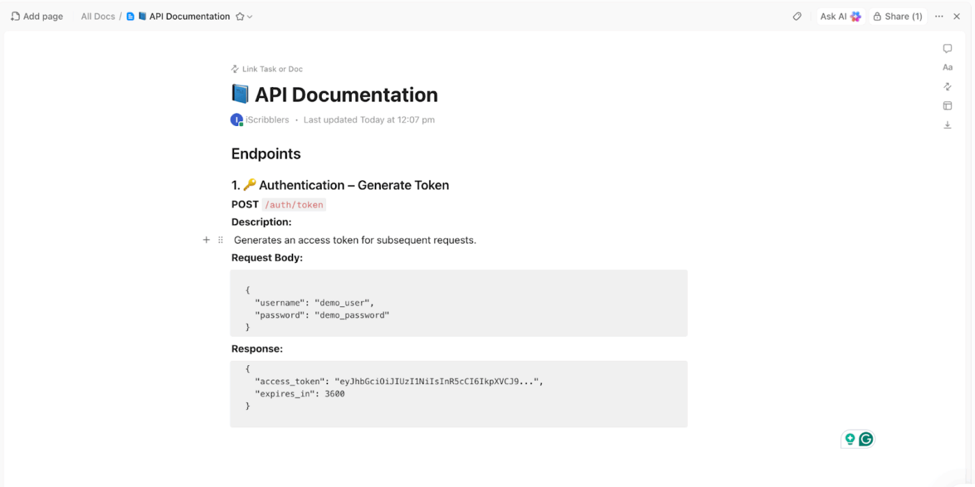 Document your API endpoints using ClickUp Docs