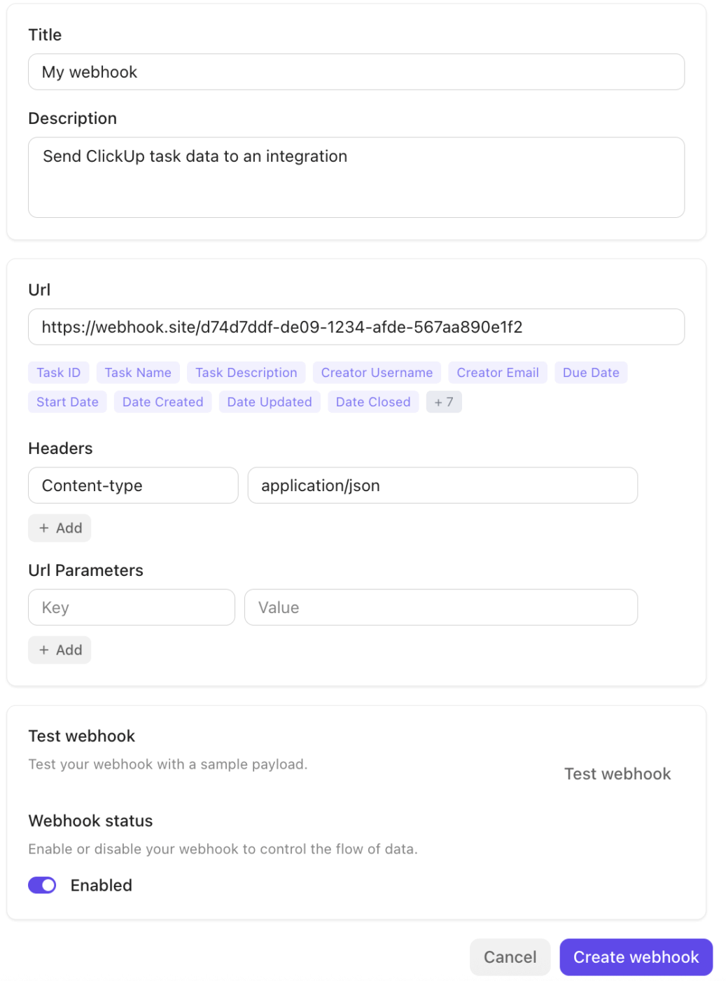 Create webhooks within ClickUp