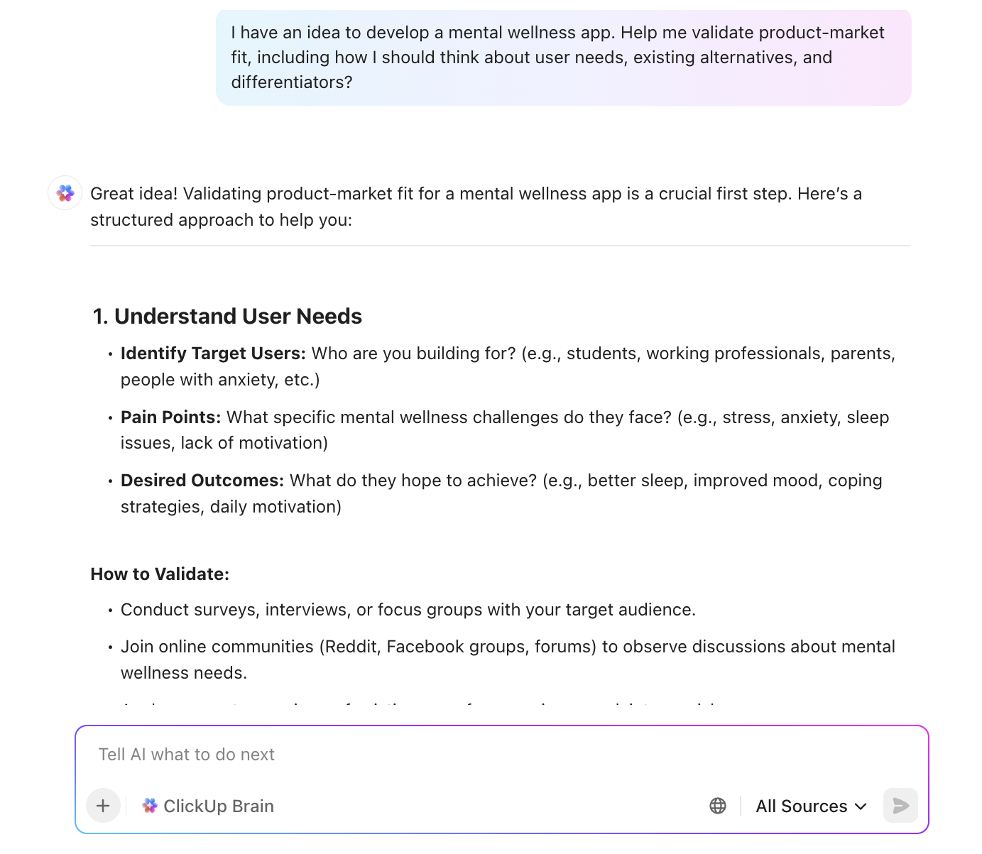 Use ClickUp Brain to map product evaluations to user needs