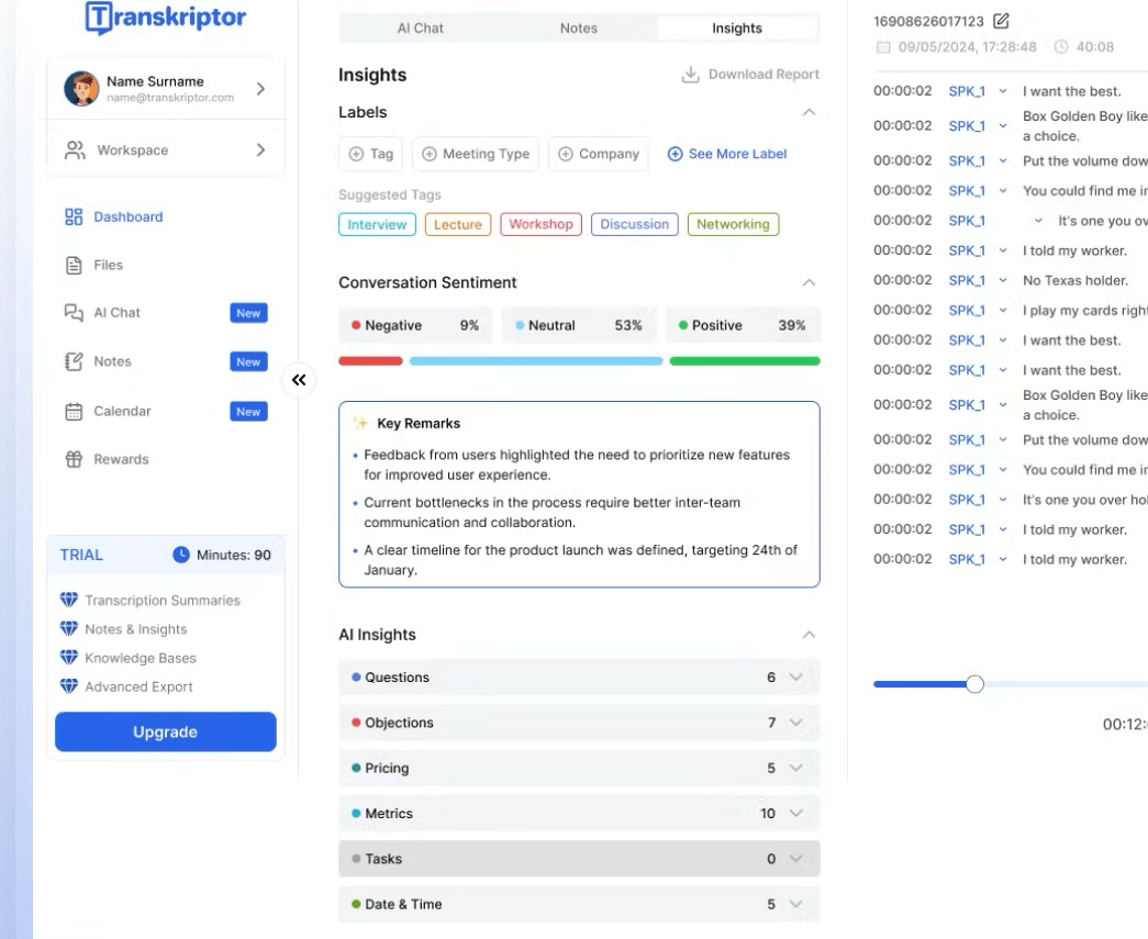 Transkriptor: Speech-to-text Chrome extensions with key features to format plain text box