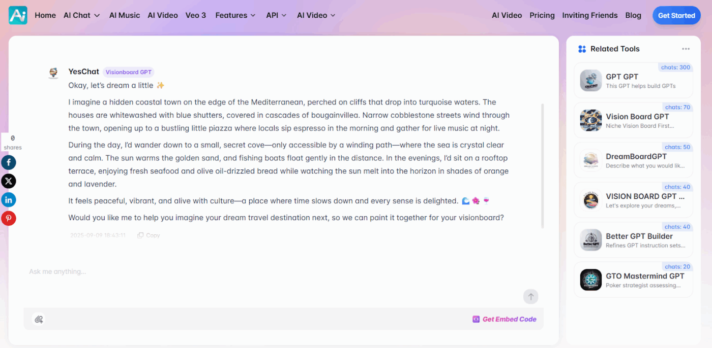 Vision Board GPT (YesChat): An immersive platform offering conversational guidance to shape ideas and clarify your aspirations
