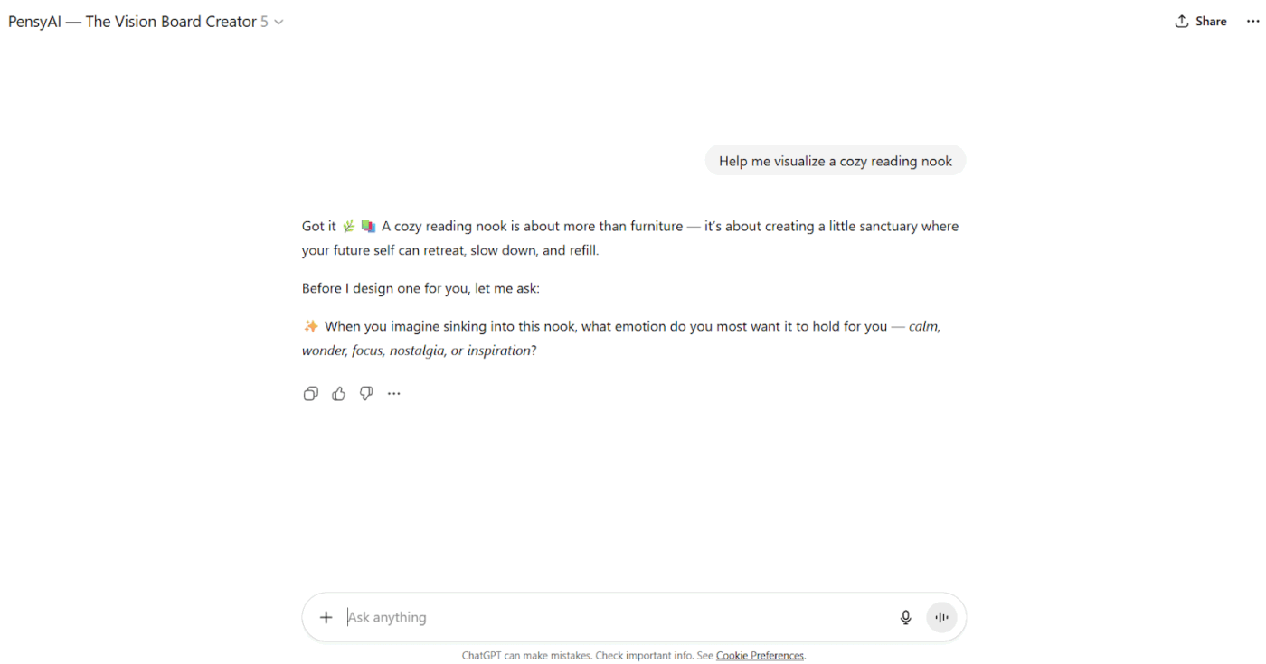 PensyAI – The Vision Board Creator: A text-first planning tool inside ChatGPT that helps you enhance abstract concepts and organize them directly from the website