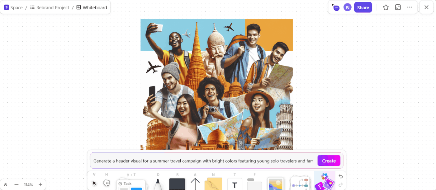 ClickUp Brain: Create support visuals for your vision board with AI within ClickUp Whiteboards