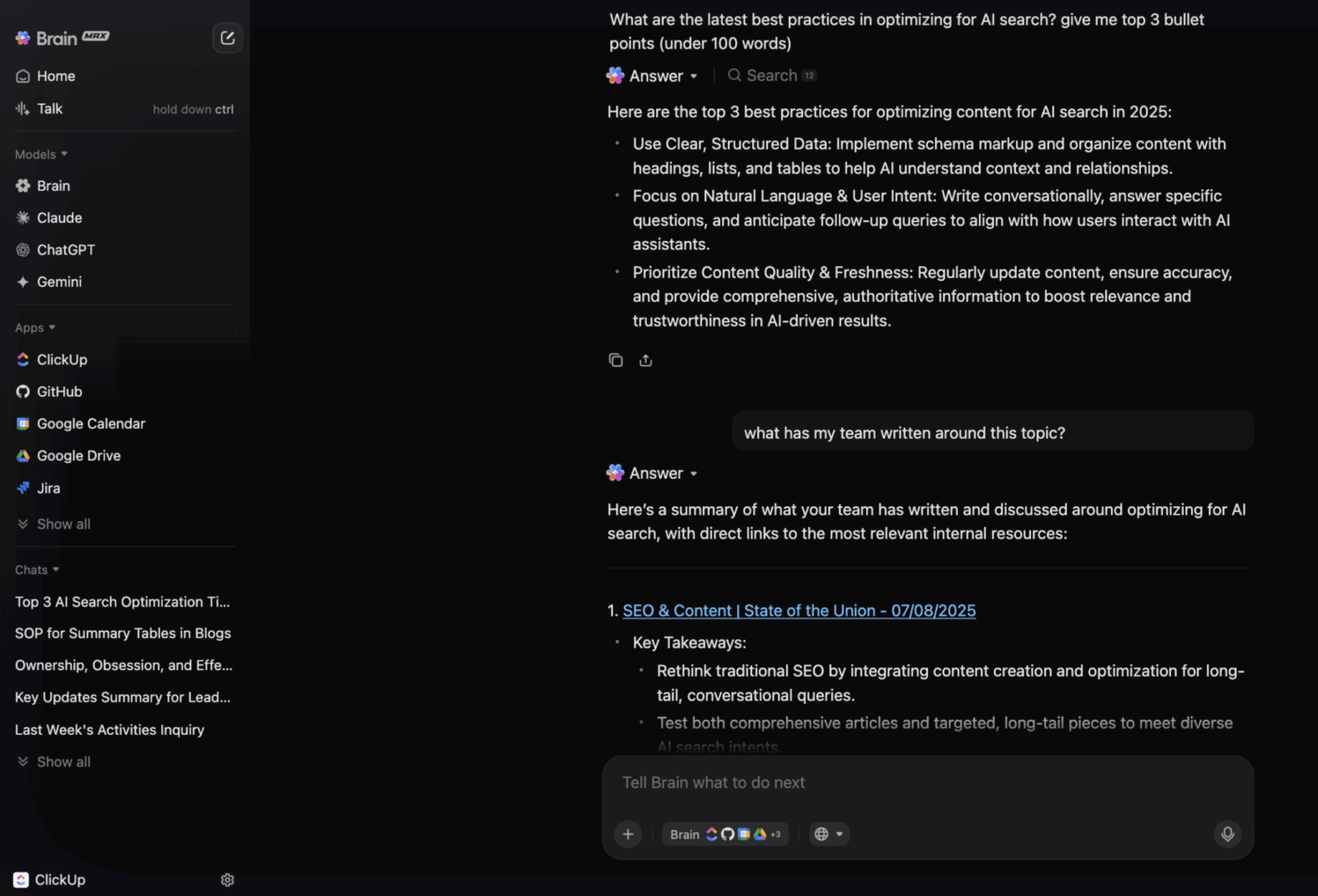 ClickUp Brain MAX: web search + internal search