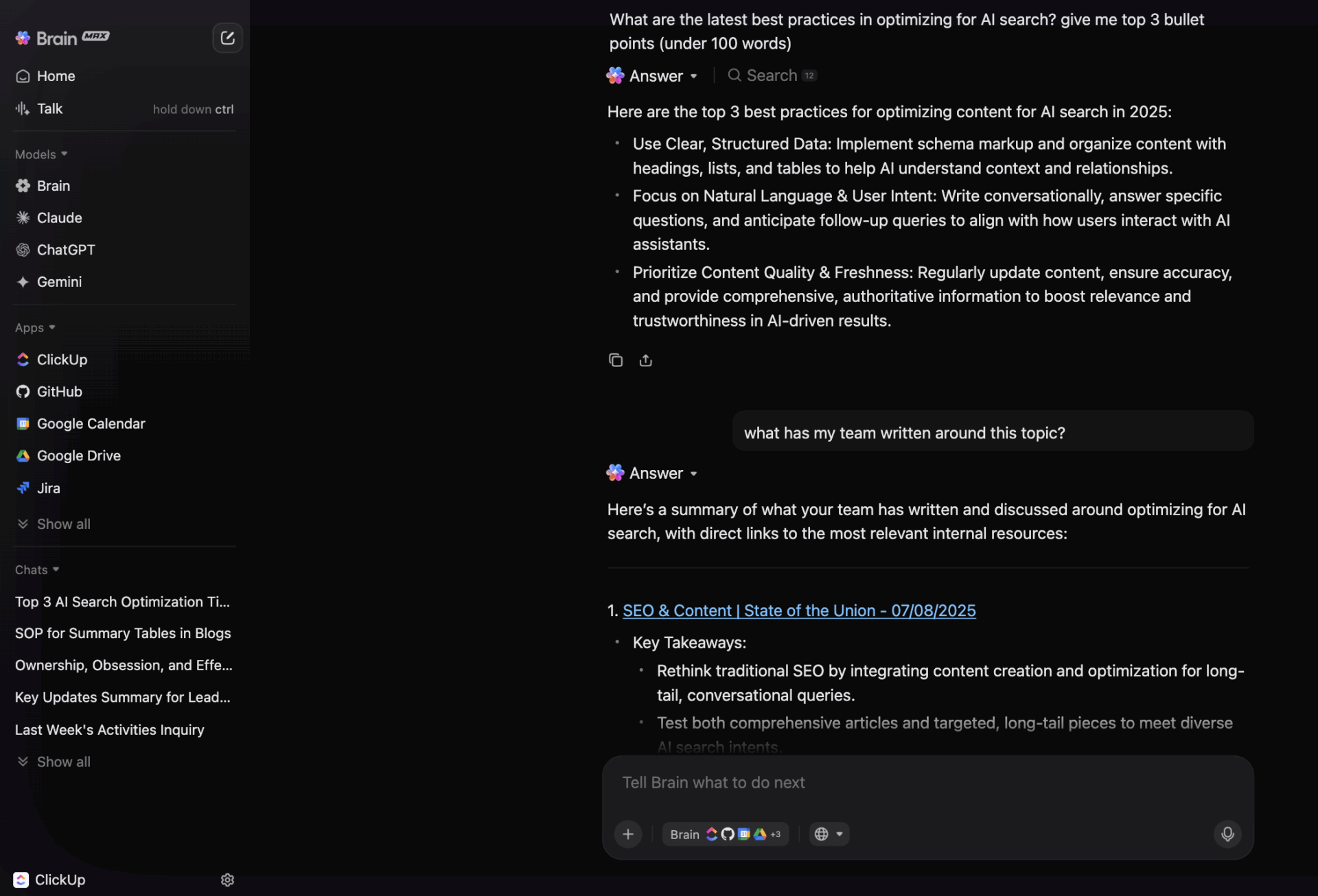ClickUp Brain MAX: web search + internal search