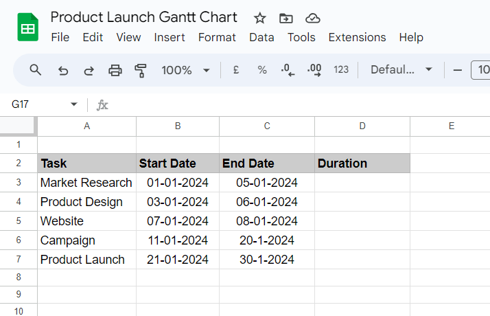 Add different tasks to compare Canva vs. Google Sheets for Gantt charts