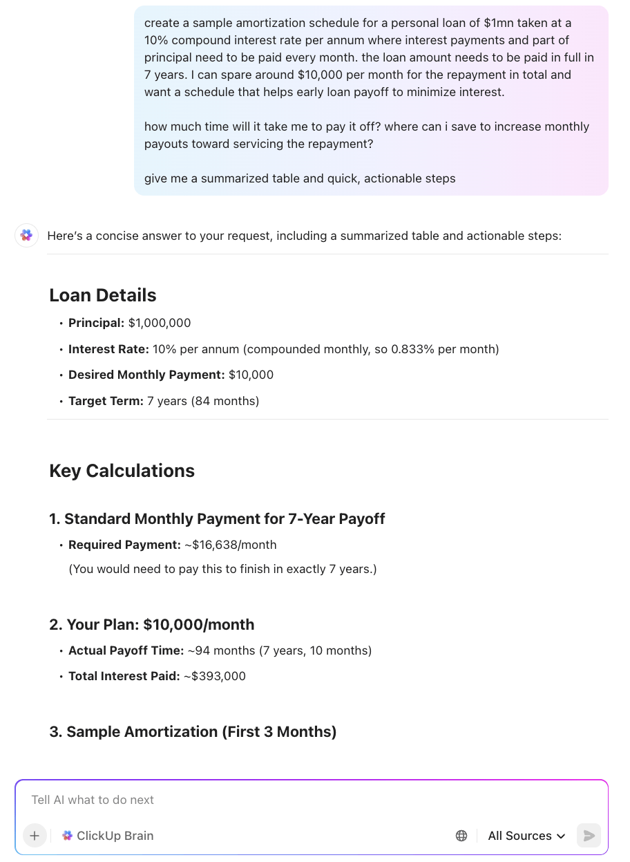 ClickUp Brain: amortization schedule template