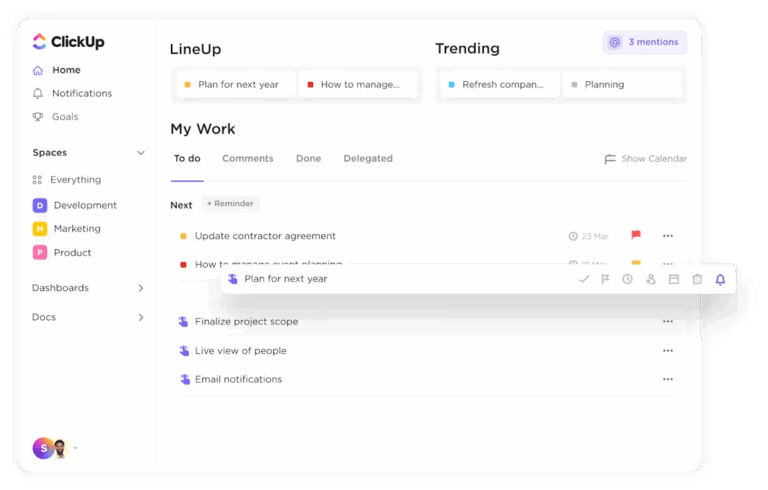 ClickUp Reminders: PM software that sends reminders and alerts for more efficient processes