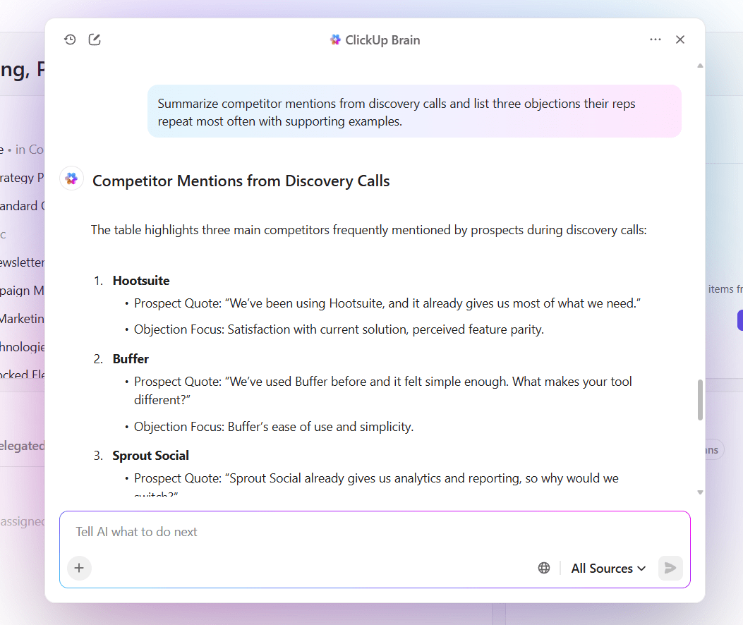 ClickUp Brain: Use AI to find the right battlecard and create a quick reference guide