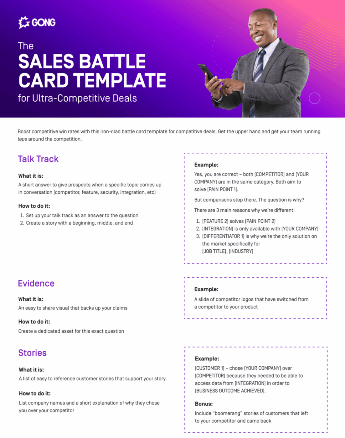 Gong sales battlecard template as a content hub for your business