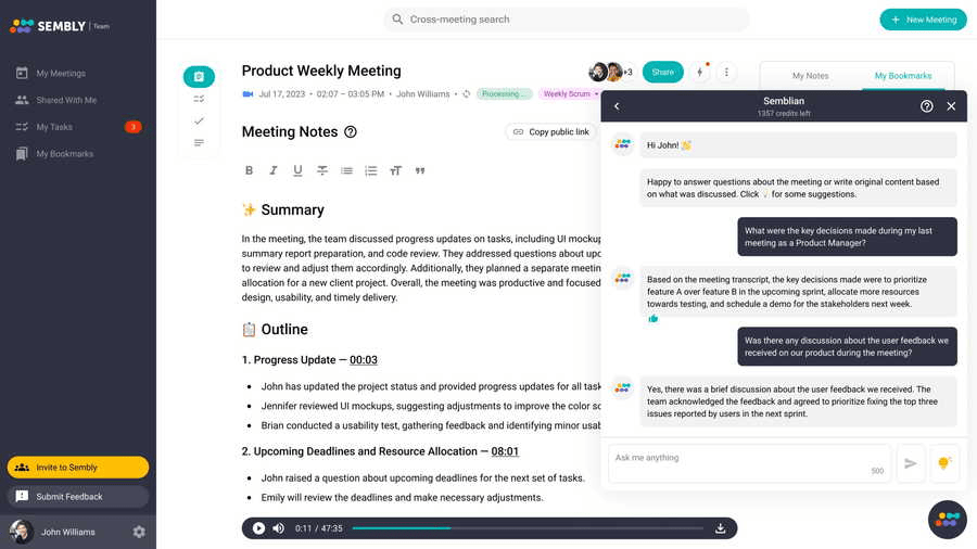 Sembly: AI tools for competitor analysis to get key insights from meetings