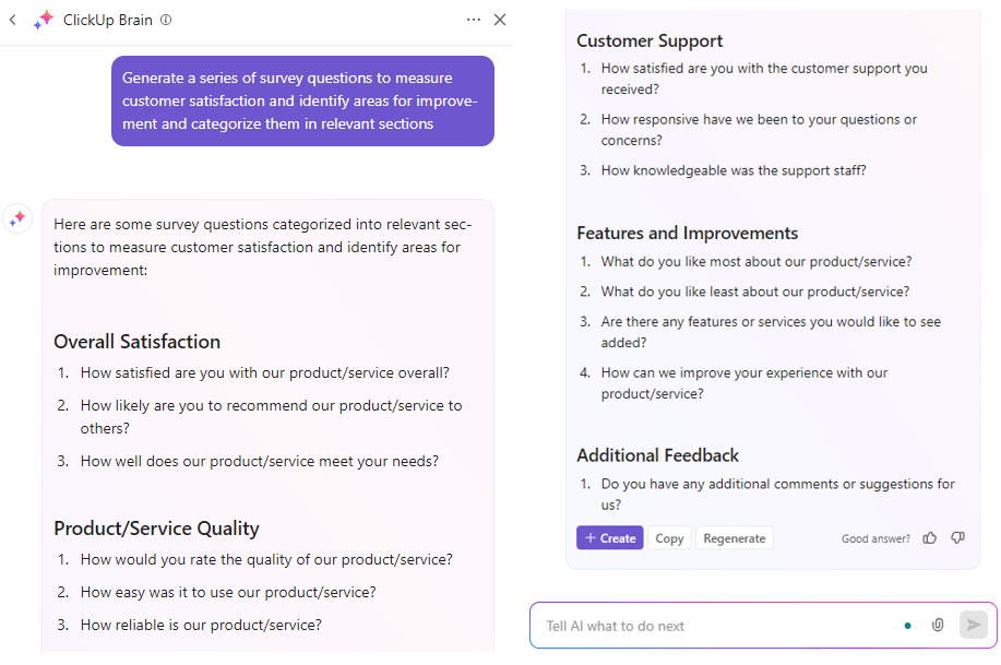 ClickUp Brain: Get contextual answers about customer satisfaction and tips to address pain points with key actions