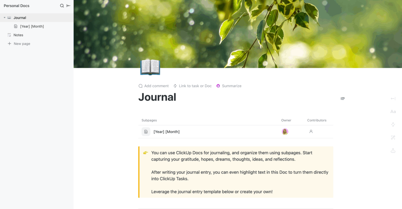 Build your Bullet Journal's searchable second brain with ClickUp Docs
