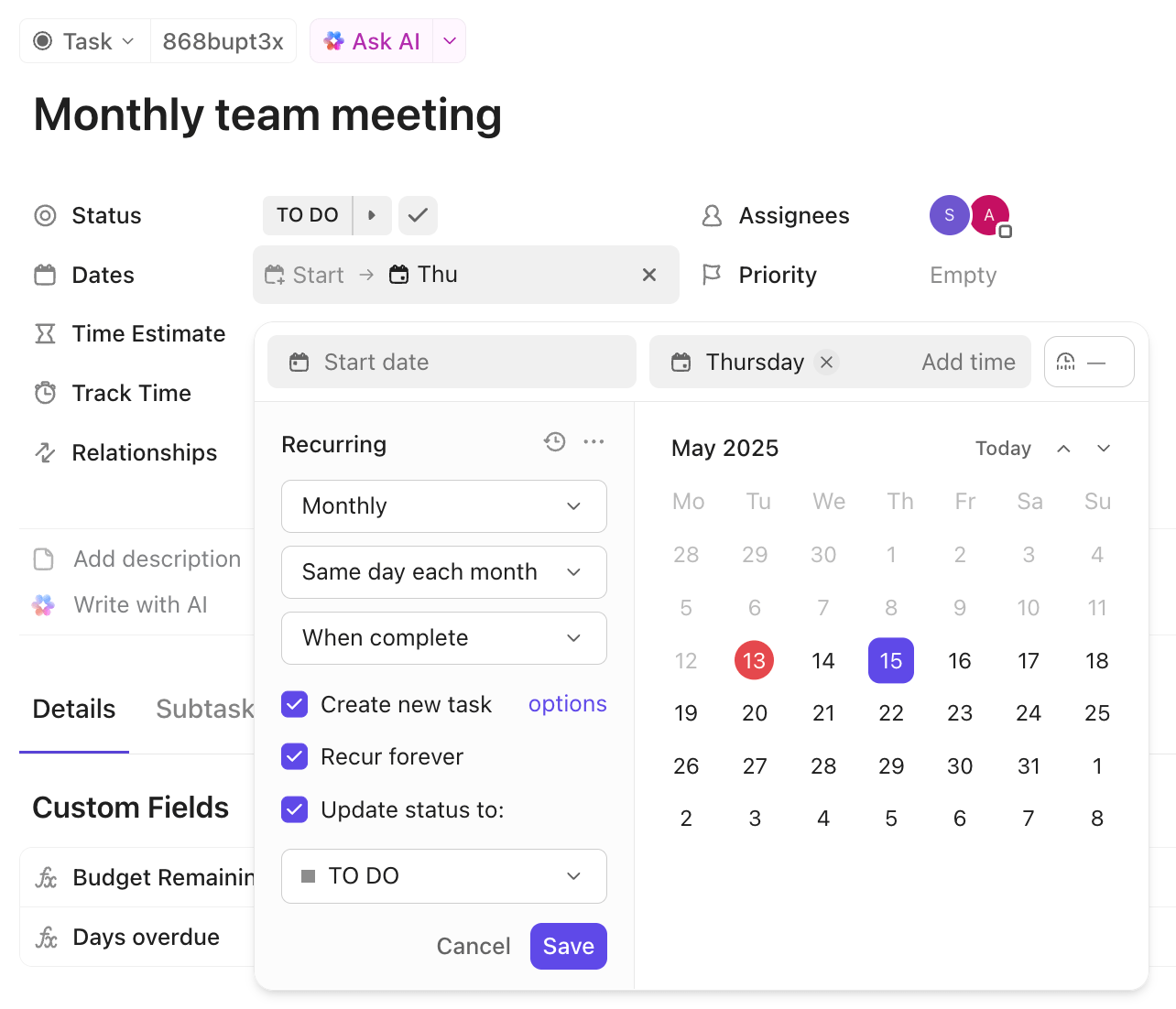 ClickUp Recurring Tasks: Conduct content audits on schedule