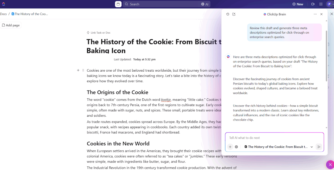 ClickUp Brain: Content audit tools with an AI SEO writing assistant