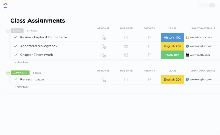 ClickUp Class Assignment Templates: Organize class tasks and assignments in a sheet to navigate, edit, and explore easily