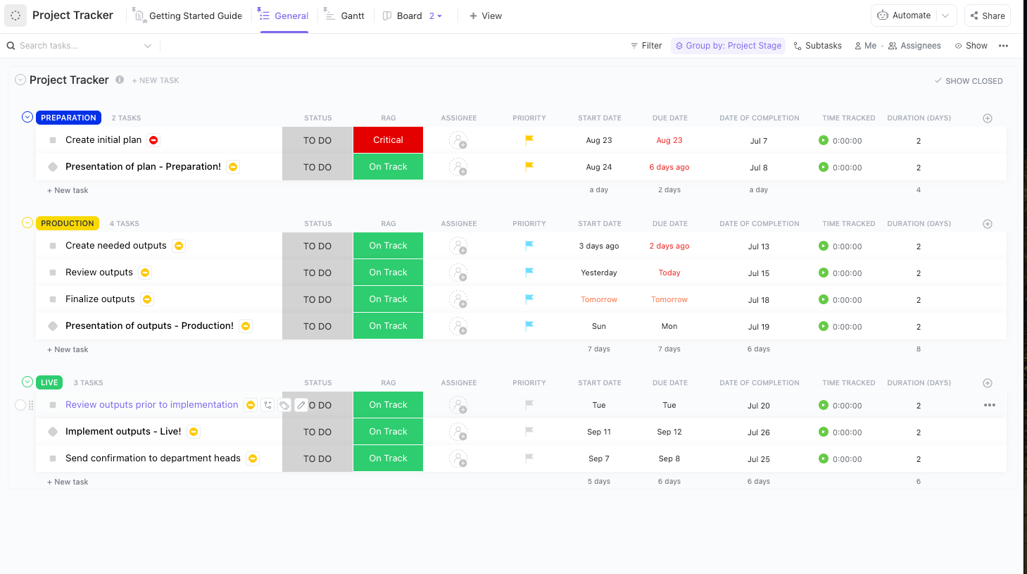 ClickUp Project Tracker Template: Track projects and mark milestones while using cells to copy row and access details