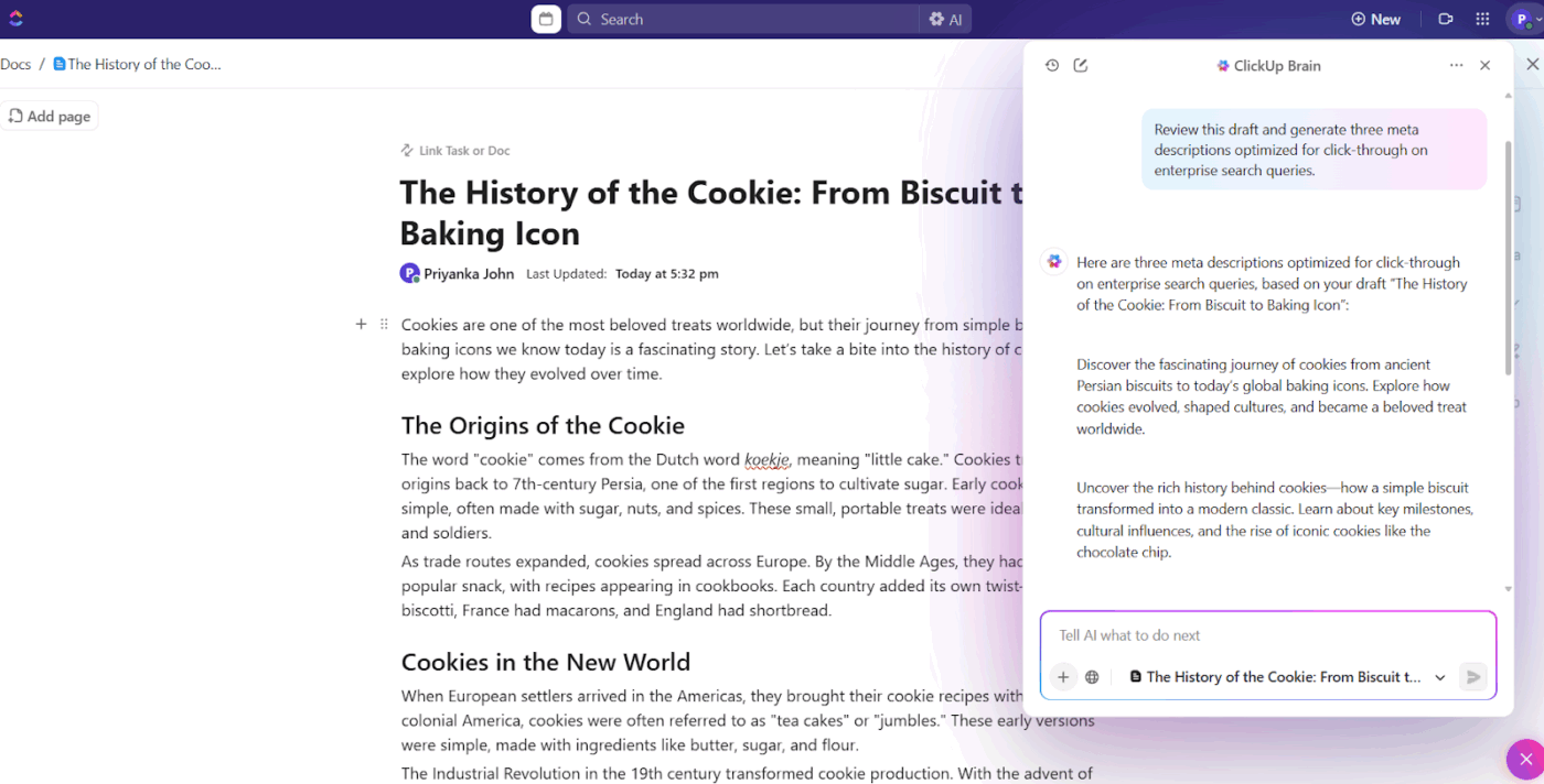 ClickUp Brain: Use the AI Writer for Work to draft assignments and test papers
