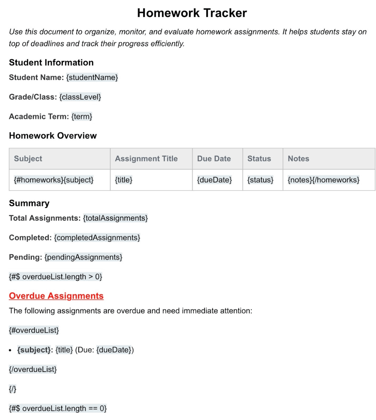 Word Homework Tracker Document Template by Documentero: Track homework efficiently with access to sheets with the assignment tracker with automations