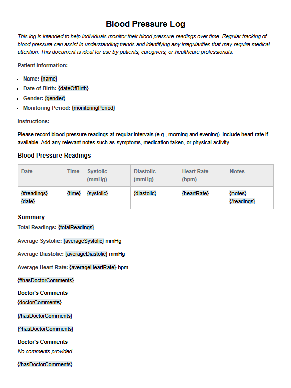 Documentero blood pressure tracker template for adults