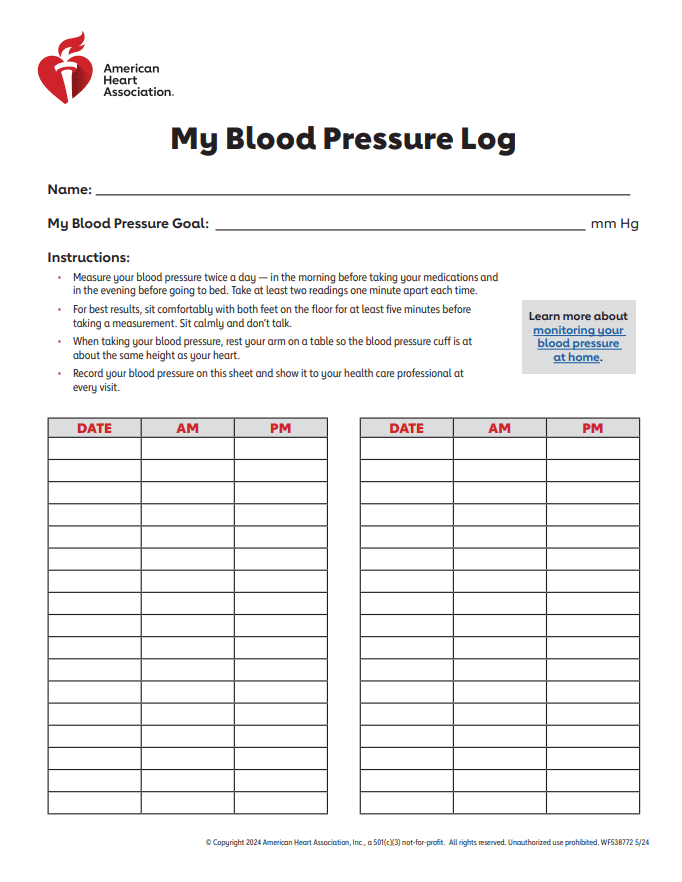 Heart.org blood pressure chart and tracker template